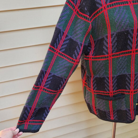VTG Liz Baker Multicolor Plaid Cardigan Sweater Pockets Gold Buttons Grandma - Picture 7 of 13